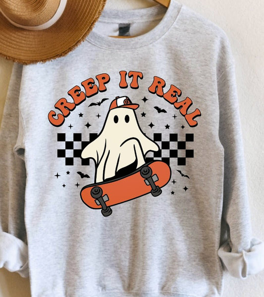 Creep It Real Ghost On Skateboard Crew Sweatshirt