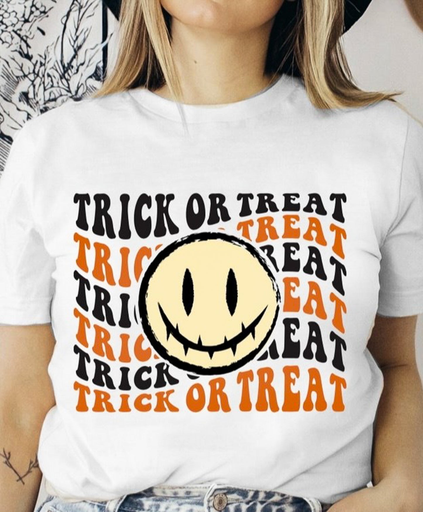 Trick Or Treat (Wavy Stacked Smiley Face Tee