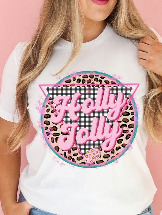 Holly Jolly In Checkered Triangle & Cheetah Print Circle Tee