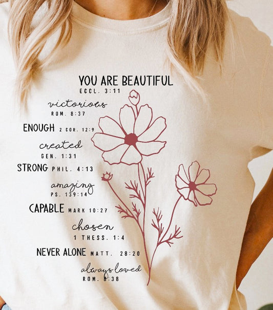 You Are Beautiful Victorious Enough Floral Bible Verse Tee