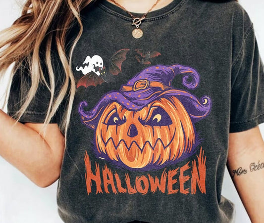 Halloween Jack-O-Lantern Wearing Witch Hat Tee