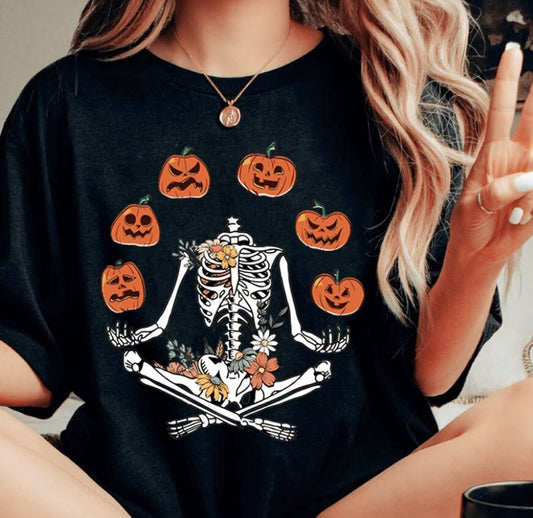 Floral Skeleton Juggling Jack-O-Lanterns Tee