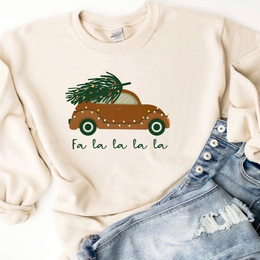 Fa La La La La Car With Christmas Tree Crew Sweatshirt