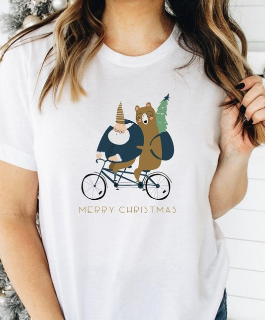 Merry Christmas Wizard & Bear Riding A Bike Tee