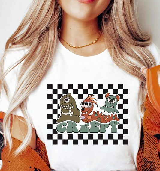 Creepy Monsters & Checkered Background Tee