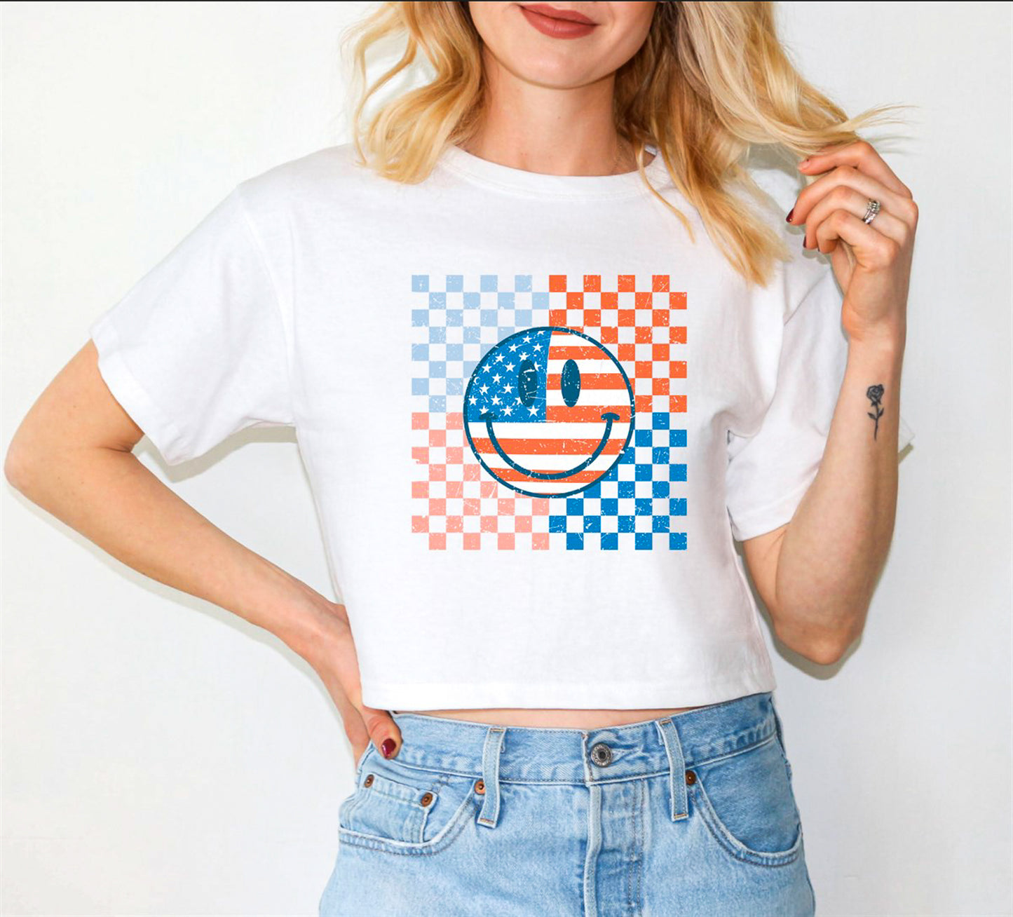 Patriotic Checkered Smiley Cropped Tee