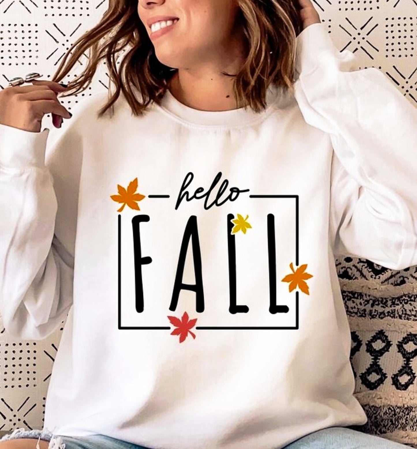 Hello Fall With Leaves Crew Sweatshirt