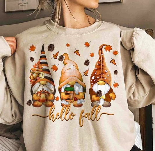 Hello Fall 3 Gnomes T-Shirt or Crew Sweatshirt