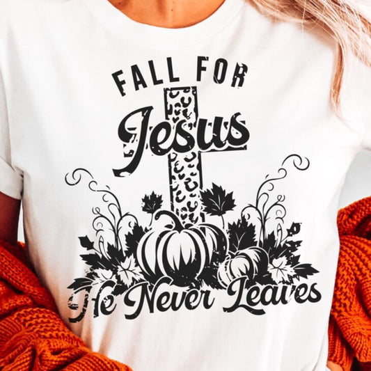 Fall For Jesus He Never Leaves Cross & Pumpkins Tee