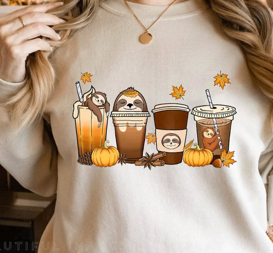 4 Fall Drinks With Sloths & Pumpkins Crew Sweatshirt