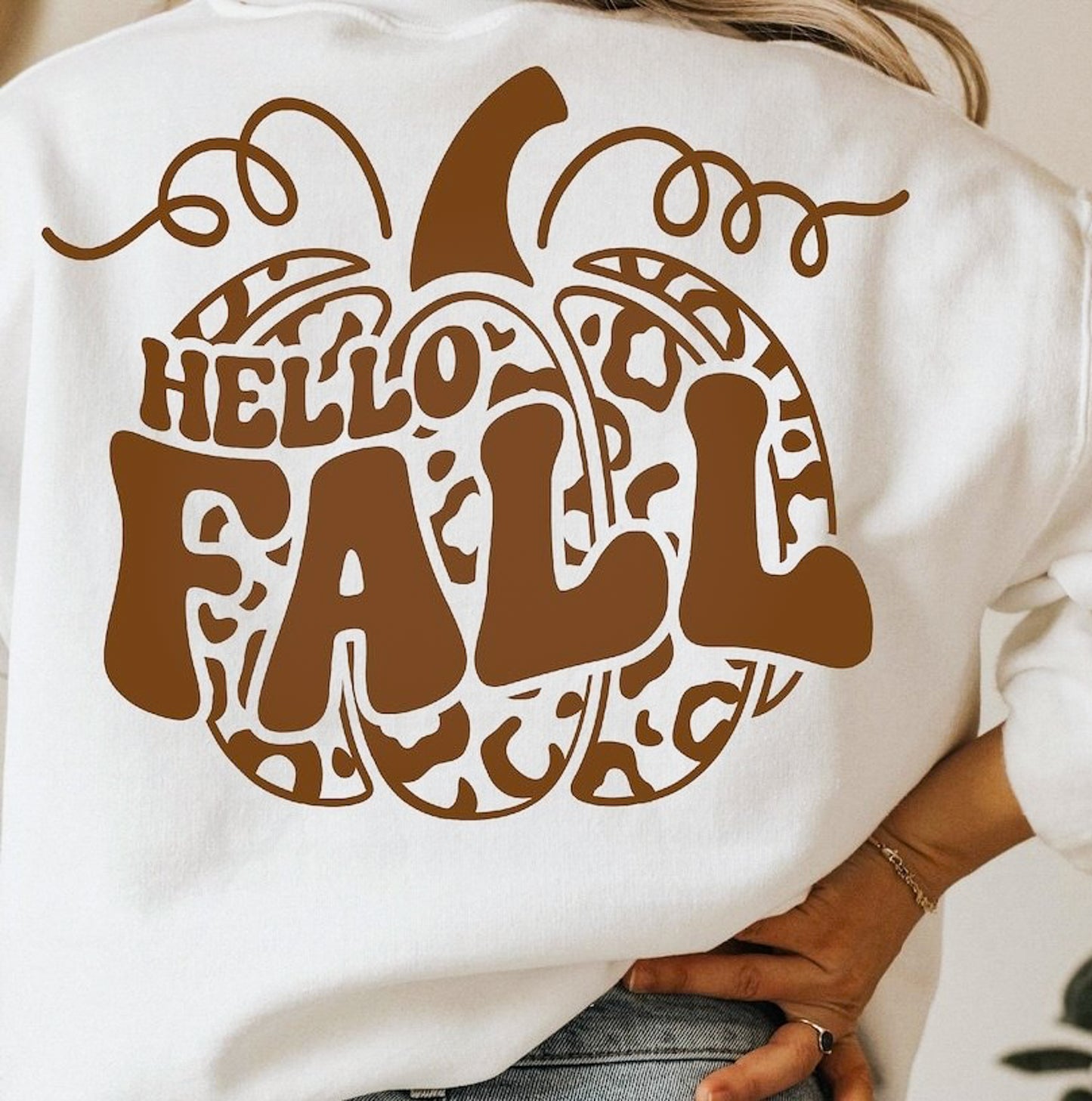 Hello Fall With Cheetah Print Pumpkin Crew Sweatshirt