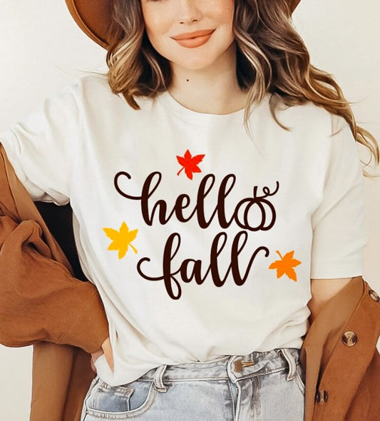 *Hello Fall With Pumpkin & Leaves T-Shirt or Crew Sweatshirt