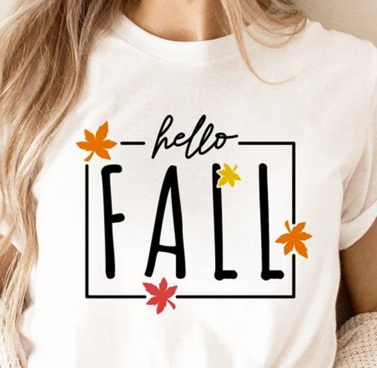 Hello Fall In Rectangle With Leaves Tee