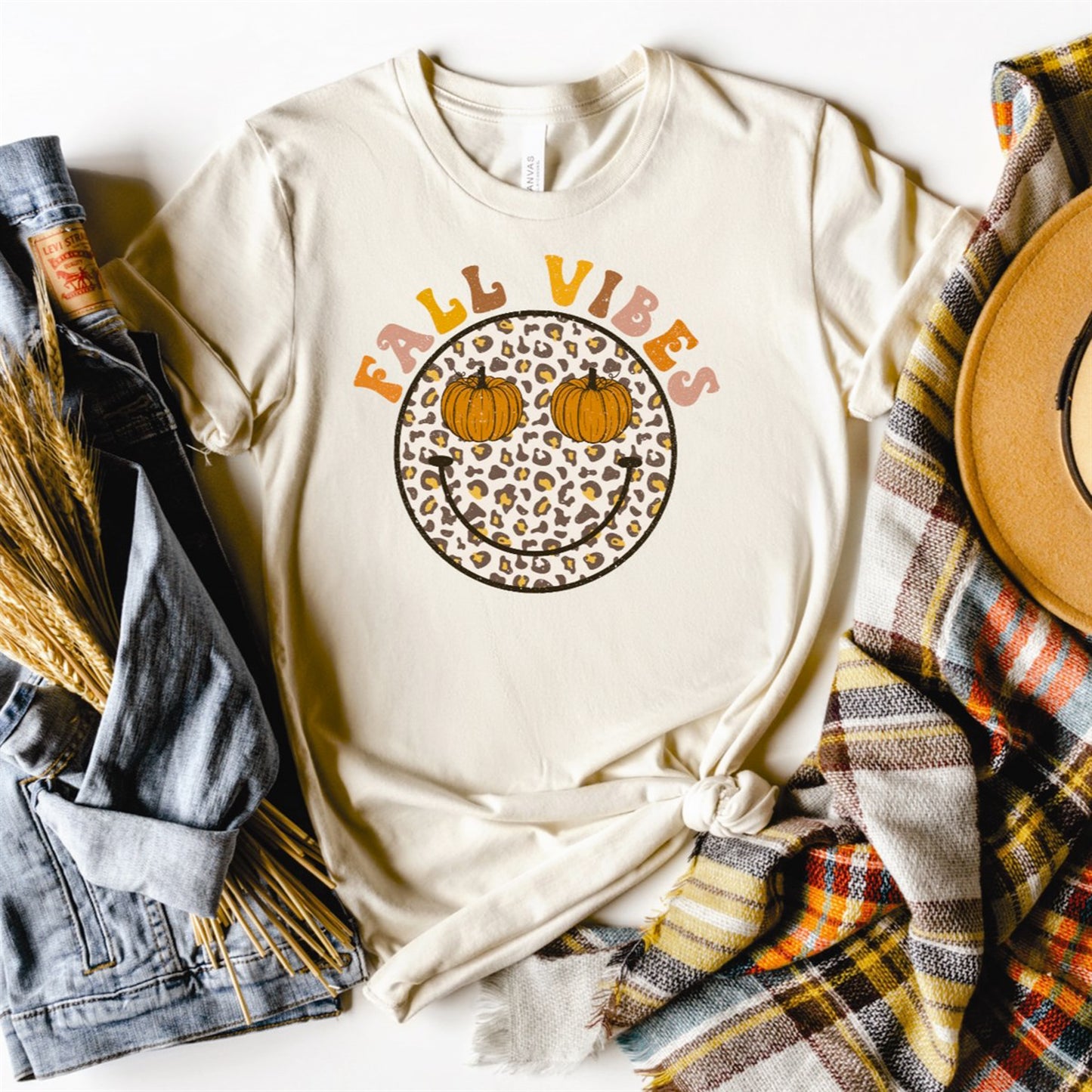 Fall Vibes Leopard Print Smiley With Pumpkin Eyes T-Shirt or Crew Sweatshirt