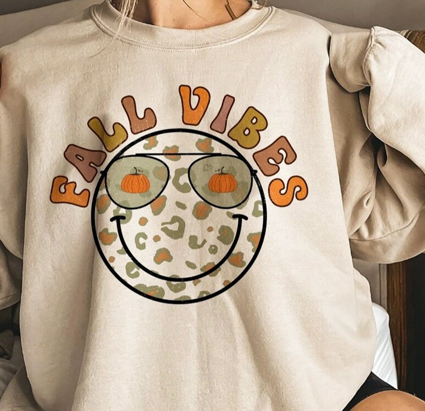 Fall Vibes Cheetah Print Smiley Face With Pumpkin Sunglasses Crew Sweatshirt