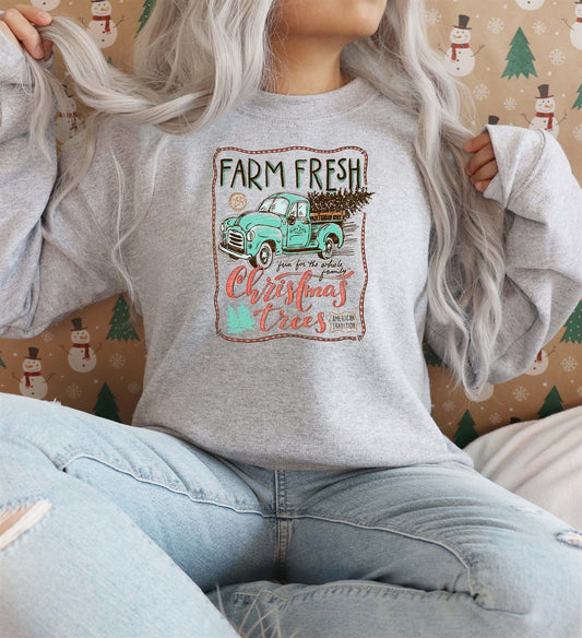 Farm Fresh Christmas Trees With Turquoise Truck Crew Sweatshirt