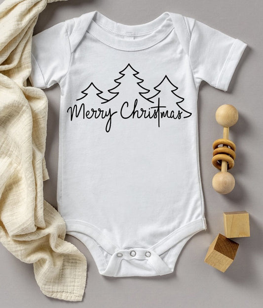 Merry Christmas With Tree Outlines Bodysuit