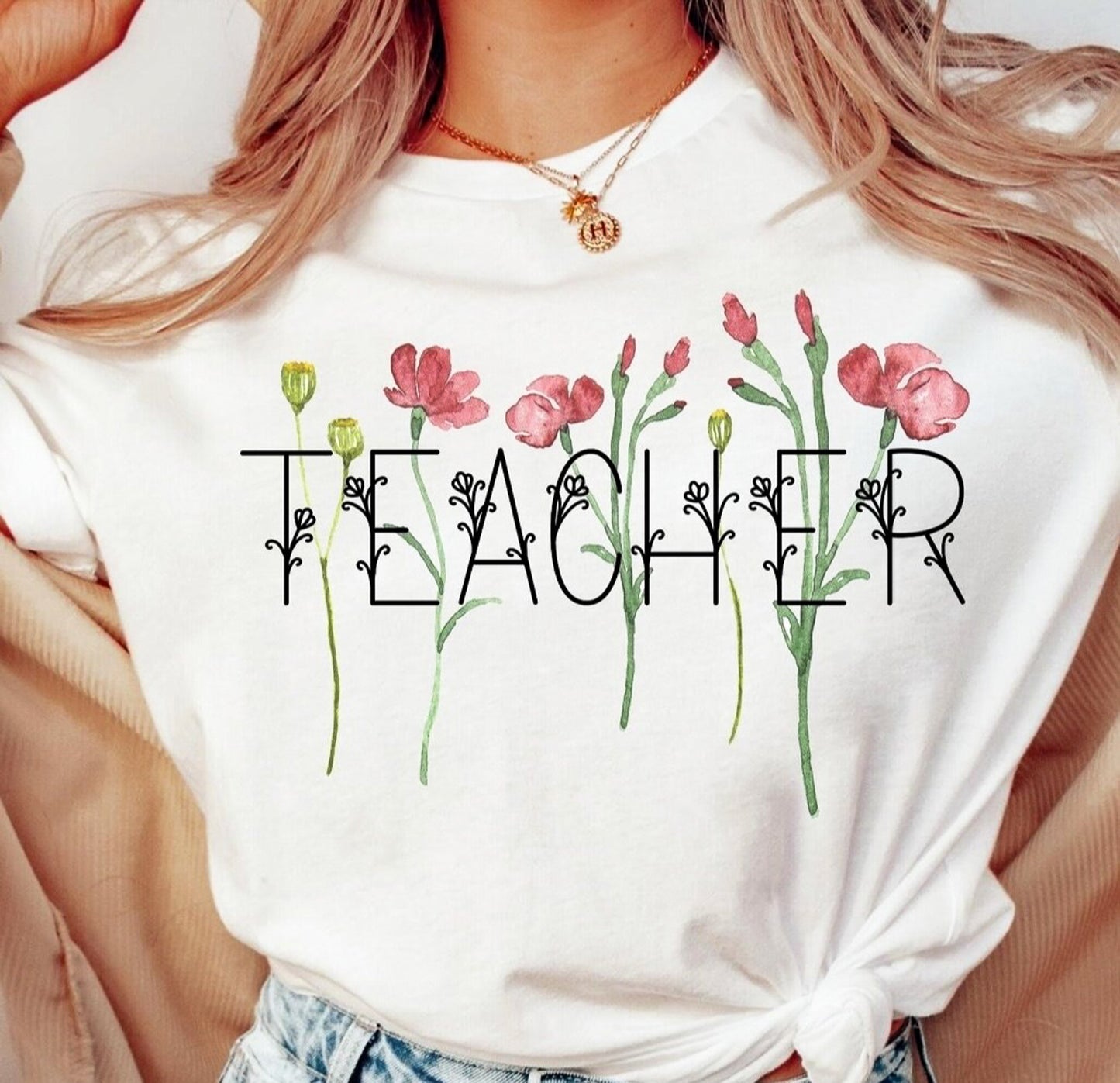 Teacher With Flowers T-Shirt or Crew Sweatshirt