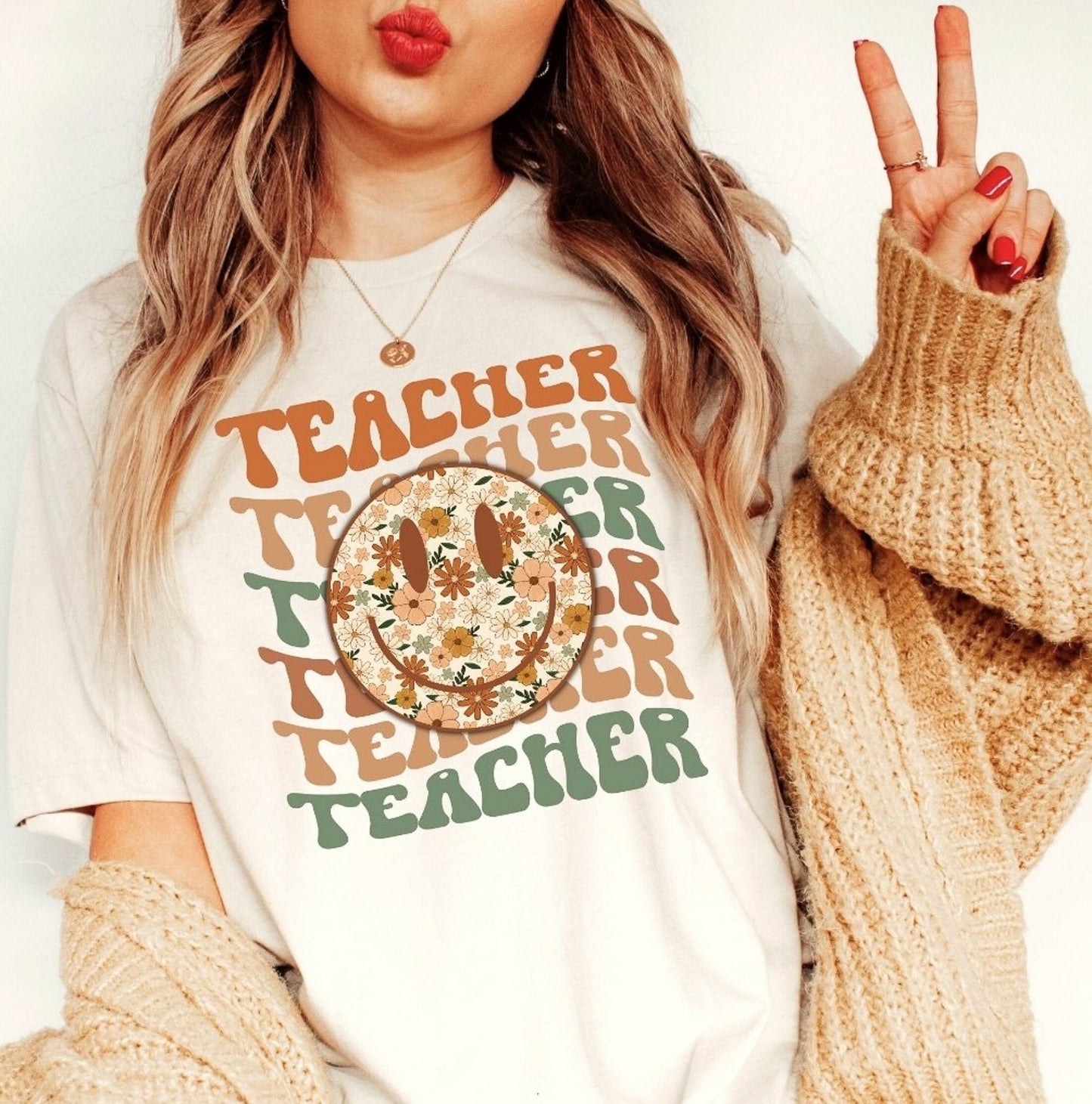 Teacher (Stacked) With Floral Smiley T-Shirt or Crew Sweatshirt