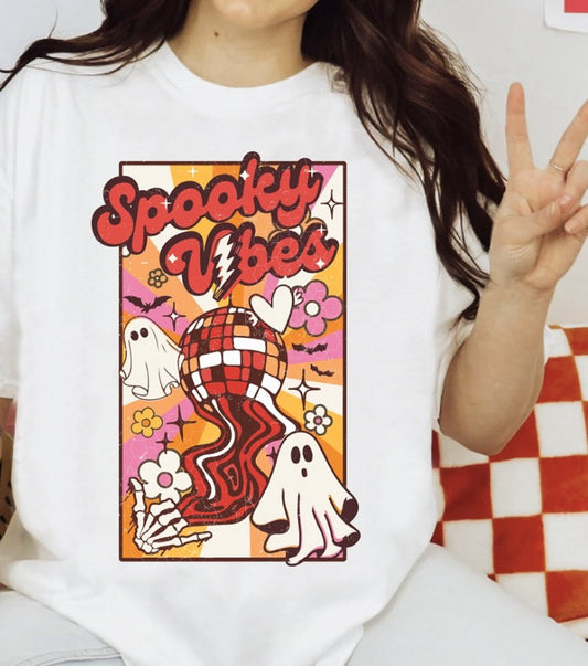 Spooky Vibes Disco Ball & Ghosts Retro Tee
