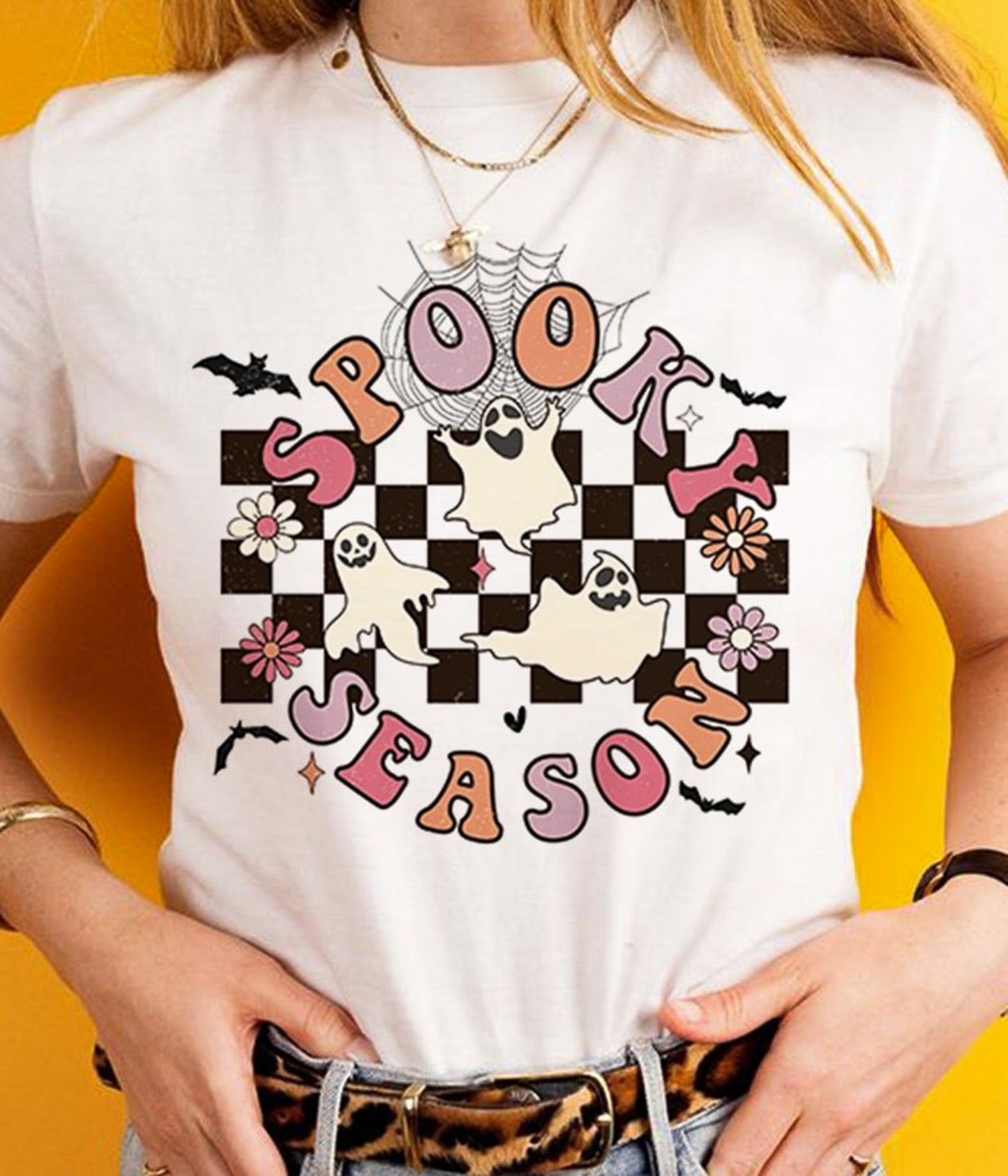 Spooky Season Ghosts & Checkered Background Tee