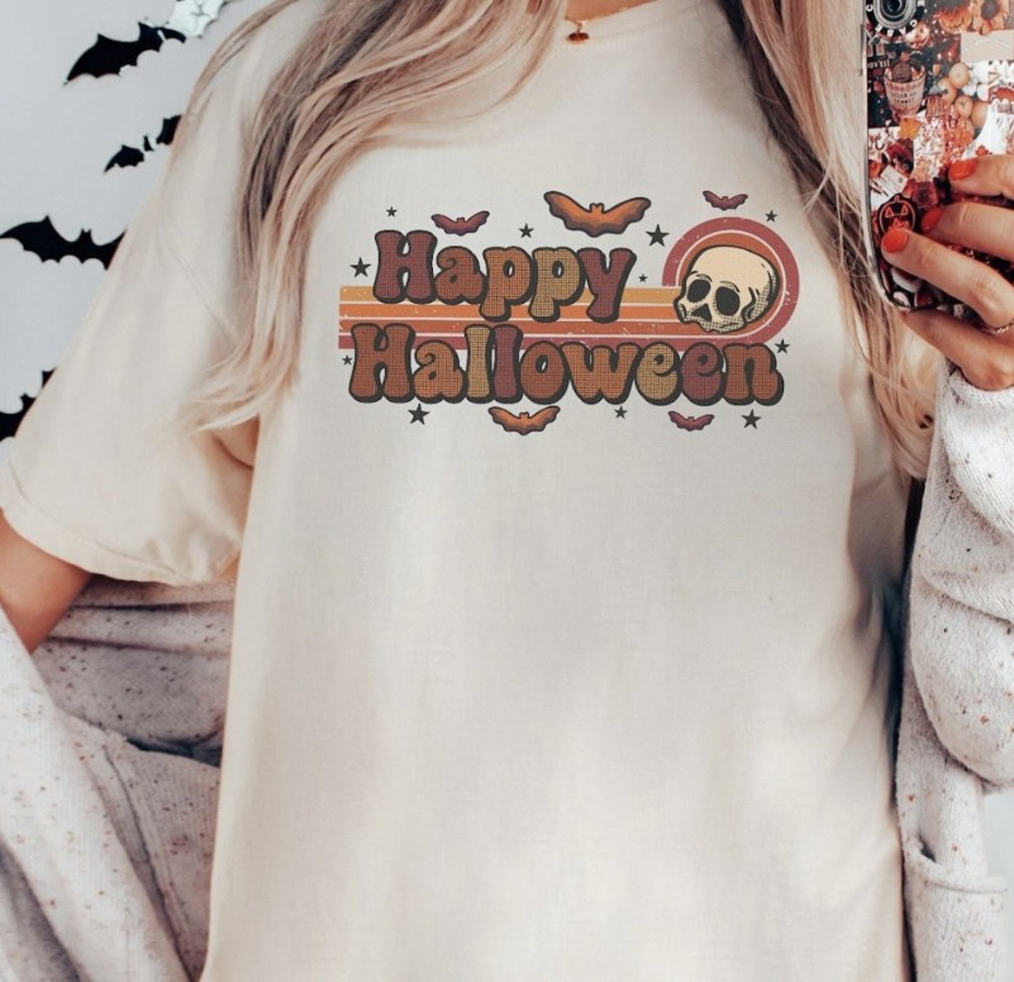 Happy Halloween With Skeleton Retro Tee