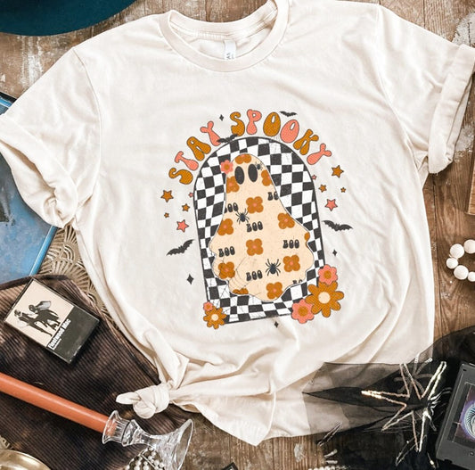 Stay Spooky Floral Ghost With Checkered Background Tee