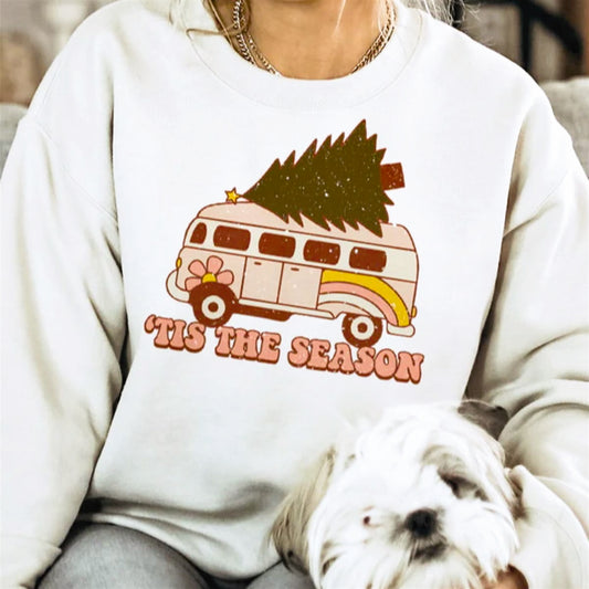 Tis The Season Christmas Tree On Groovy Van Crew Sweatshirt