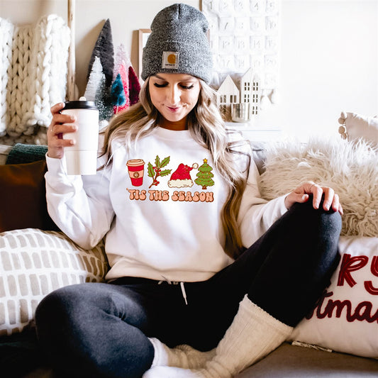 Tis The Season Latte Holly Santa Hat Christmas Tree Crew Sweatshirt