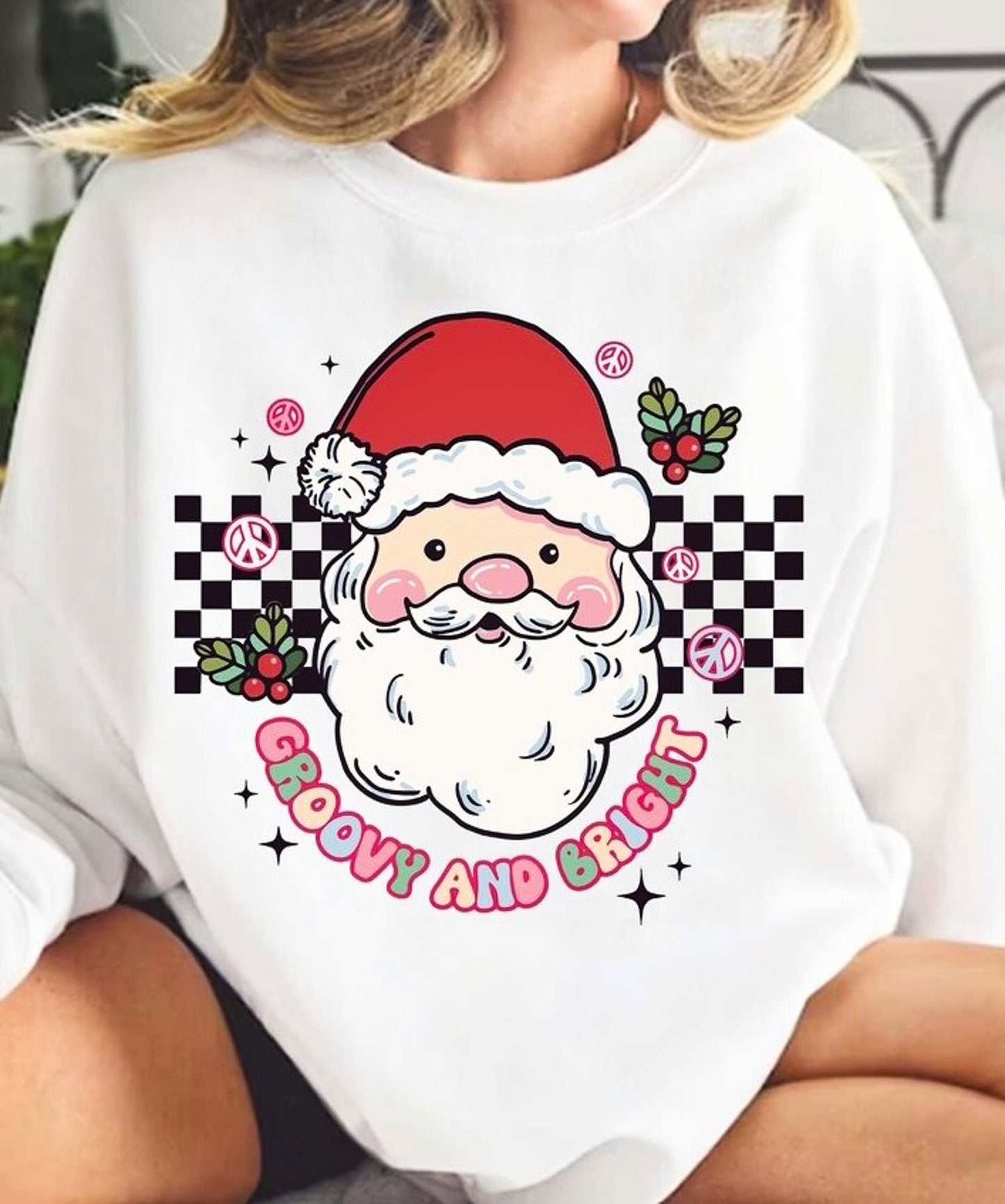 Groovy And Bright Santa & Checkered Background Crew Sweatshirt