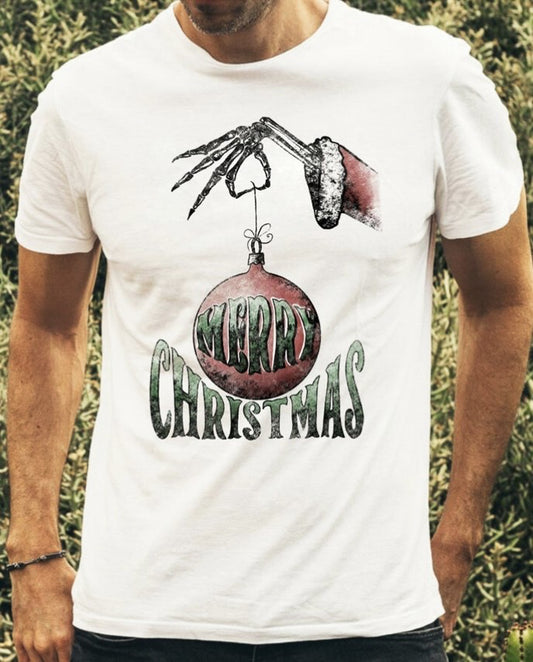 Merry Christmas Skeleton Hand Holding Ornament Tee