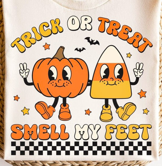 Trick Or Treat Smell My Feet Pumpkin & Candy Corn Tee