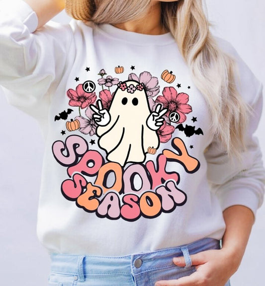 Spooky Season Ghost With Flowers Crew Sweatshirt