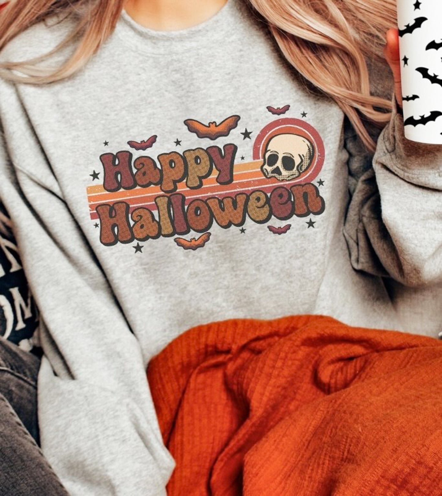 Retro Happy Halloween With Skull Crew Sweatshirt