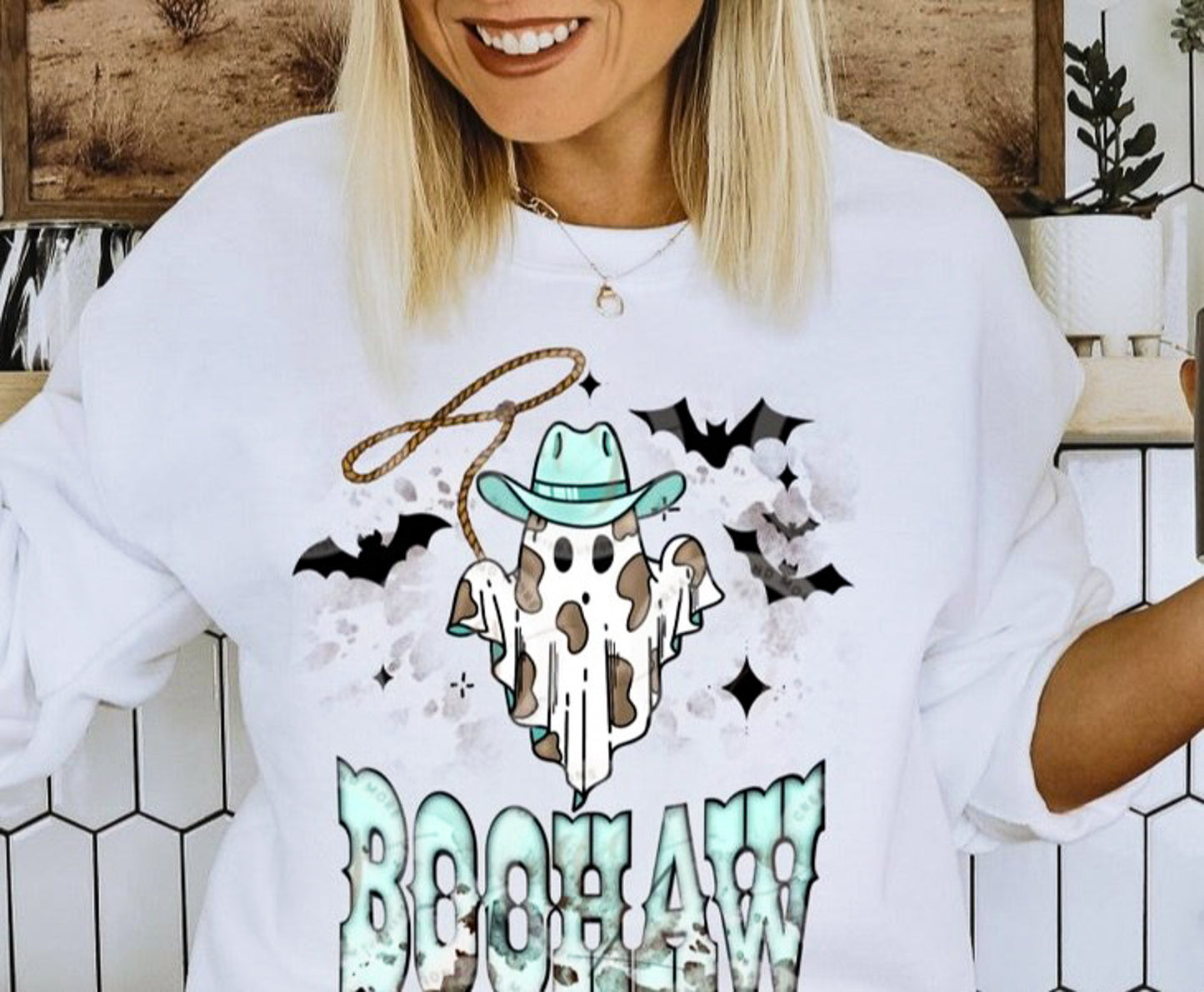 BooHaw Cowgirl Ghost & Bats Crew Sweatshirt