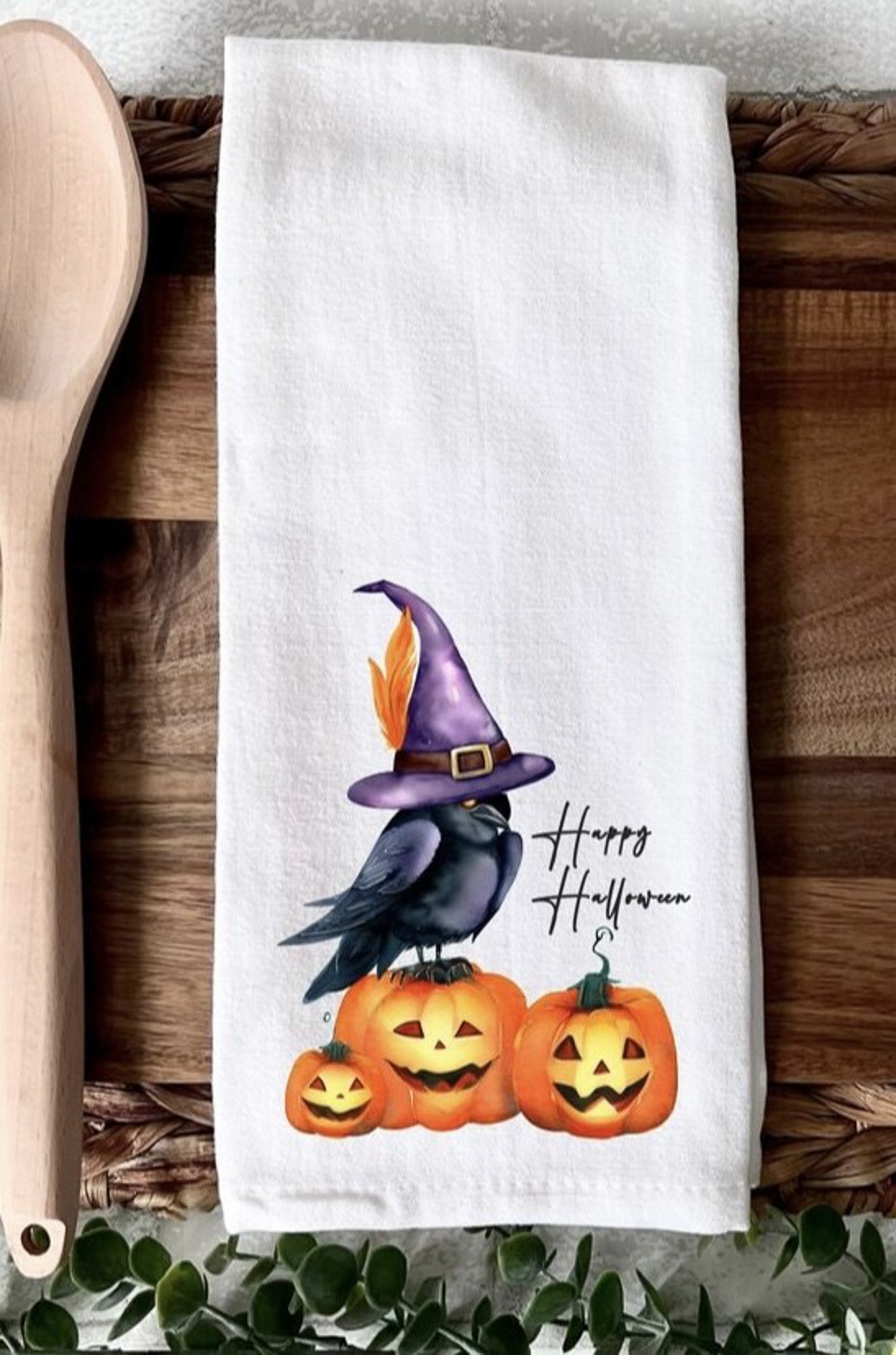 Happy Halloween Witch Crow On Jack-O-Lanterns Towel