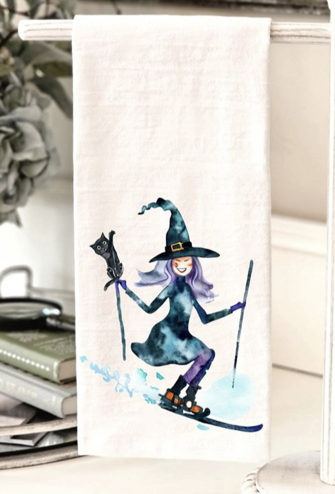 Watercolor Witch Skiing Towel