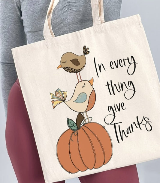 In Every Thing Give Thanks Birds Standing On Pumpkin Tote Bag