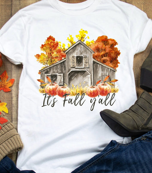 It's Fall Ya'll Barn Pumpkins & Trees Tee