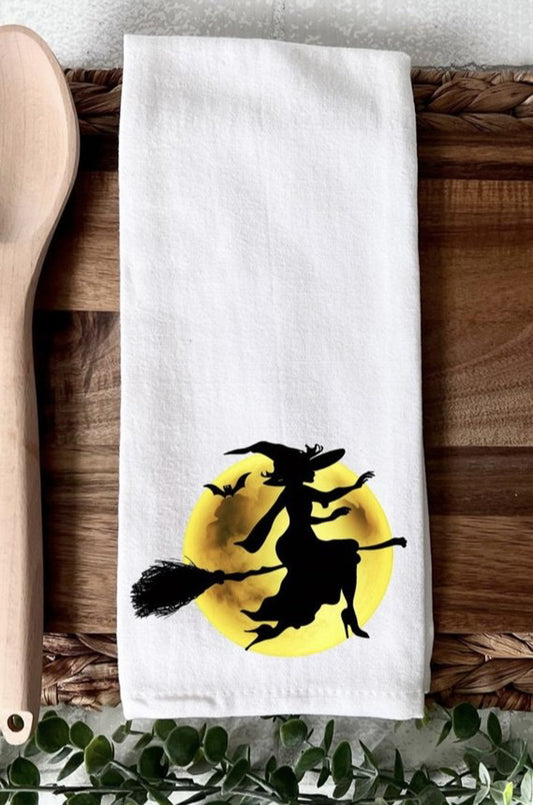 Witch Flying On Broom Silhouette In Front Of Moon Towel