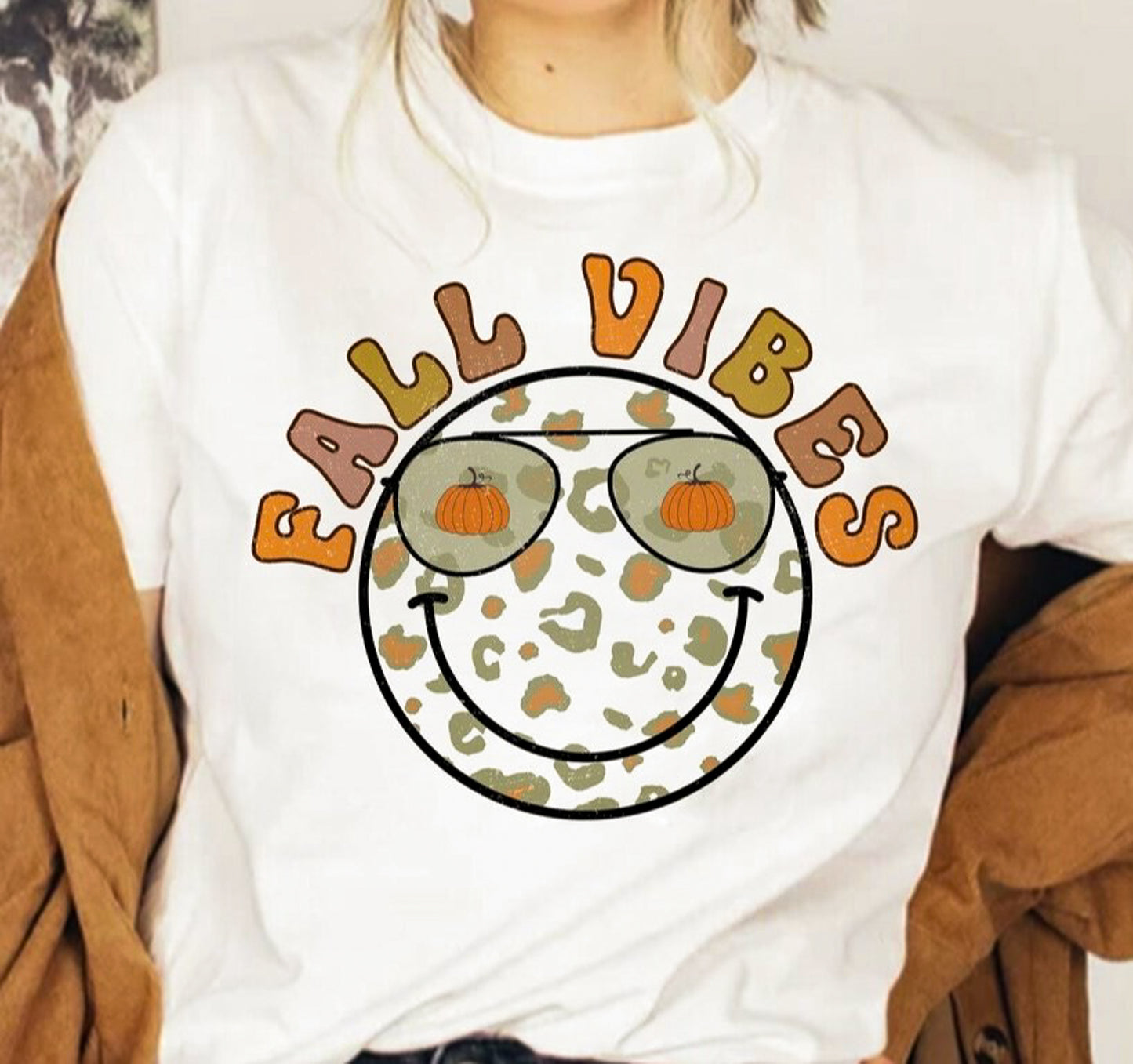 Fall Vibes Cheetah Print Smiley Face With Pumpkin Sunglasses Tee