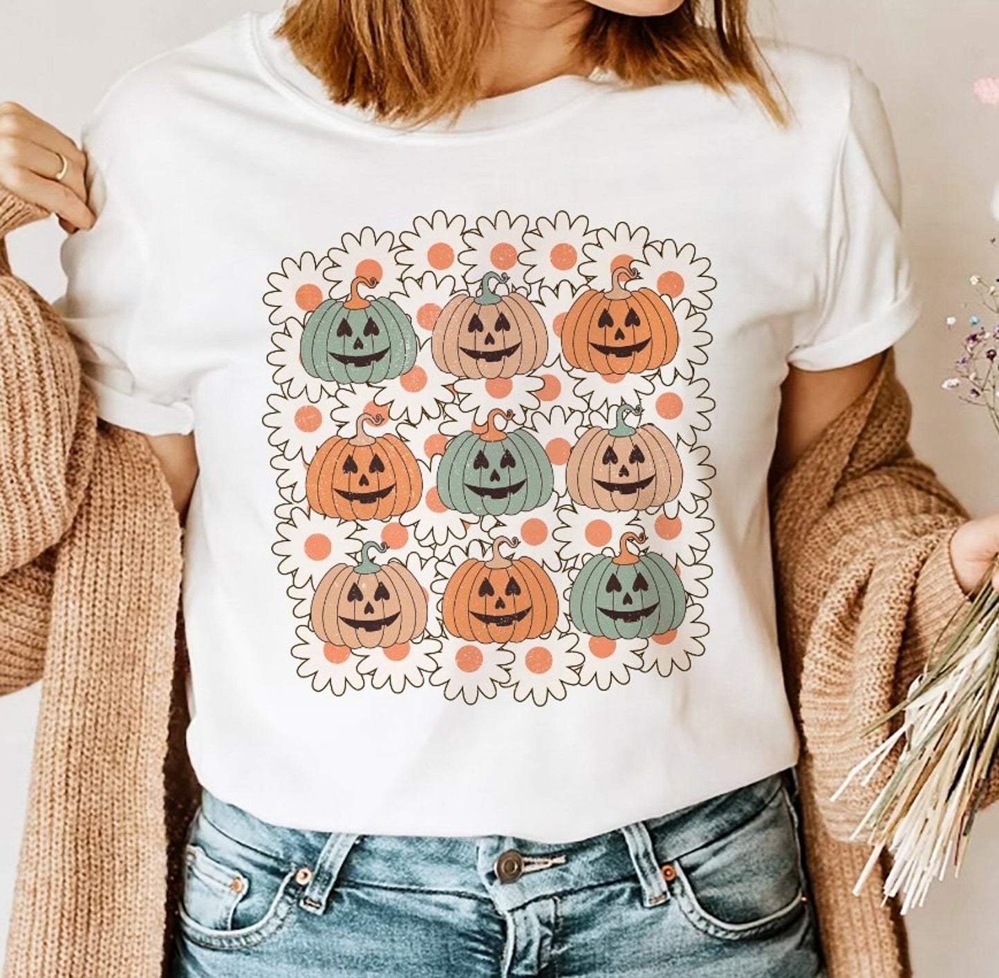 9 Jack-O-Lanterns With Flowers Tee