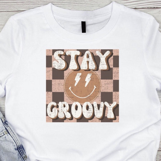 Stay Groovy Smiley With Checkered Background Tee