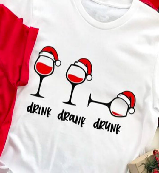 Drink Drank Drunk Wine Glasses With Santa Hats Tee