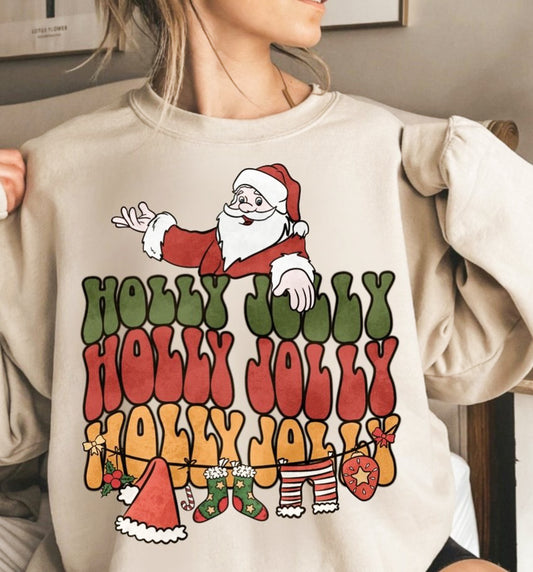 Holly Jolly (Stacked) With Santa & Stockings Crew Sweatshirt