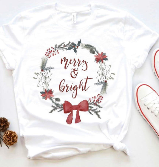 Merry & Bright Christmas Wreath Tee