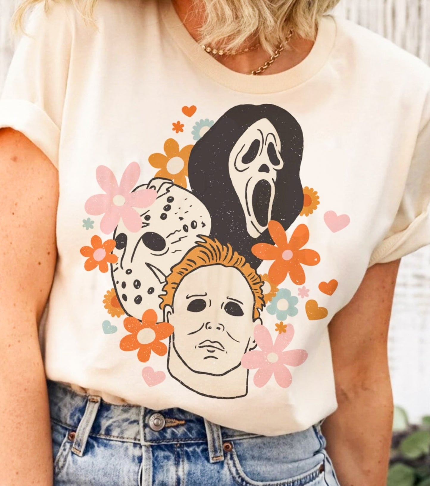 3 Horror Movie Villains With Flowers Tee