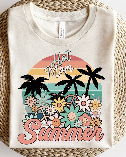 Hot Mom Summer With Palms & Flowers T-Shirt or Crew Sweatshirt