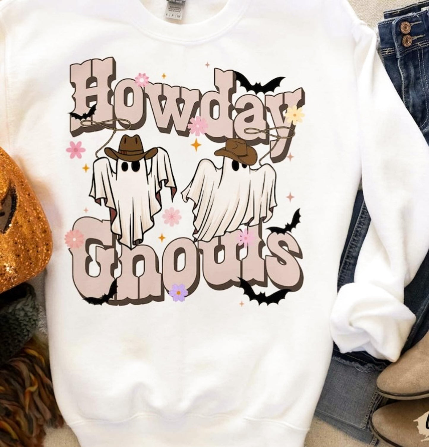 Howdy Ghouls With 2 Cowboy Ghosts Crew Sweatshirt