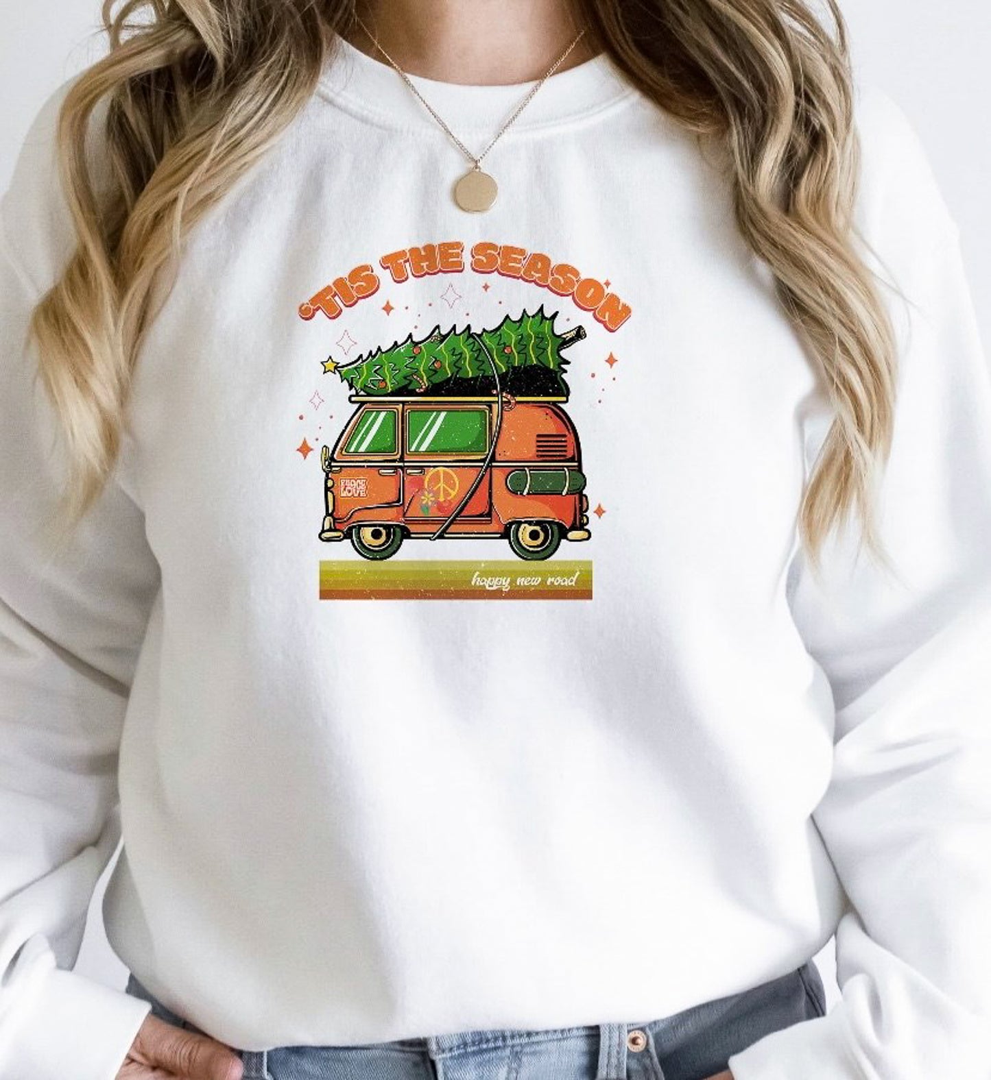 Tis The Season Van With Christmas Tree Crew Sweatshirt